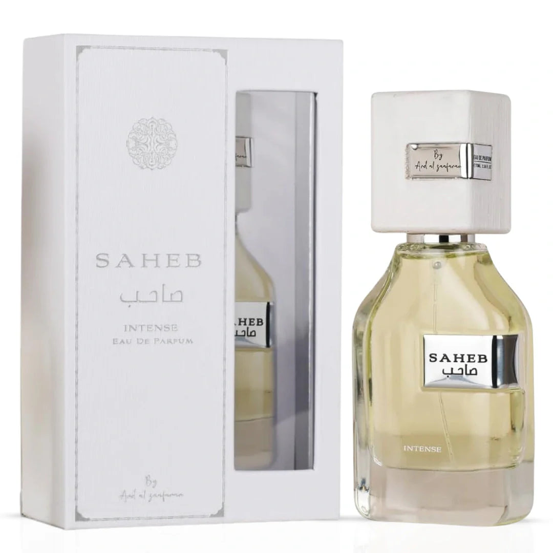 Bottle of Ard Al Zaafaran Saheb Intense Eau de Parfum Spray 100ml with sleek packaging and fragrance label visible.
