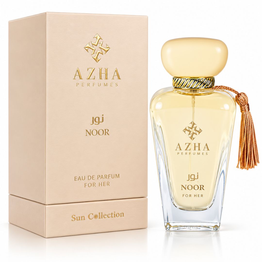 Noor Eau de Parfum Spray by AZHA, 100ml bottle with elegant design, showcasing the luxurious fragrance packaging.
