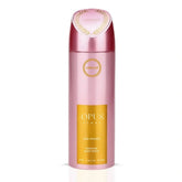 Armaf Opus Woman deodorant spray bottle, 200ml, with sleek packaging and spray nozzle, designed for feminine freshness.
