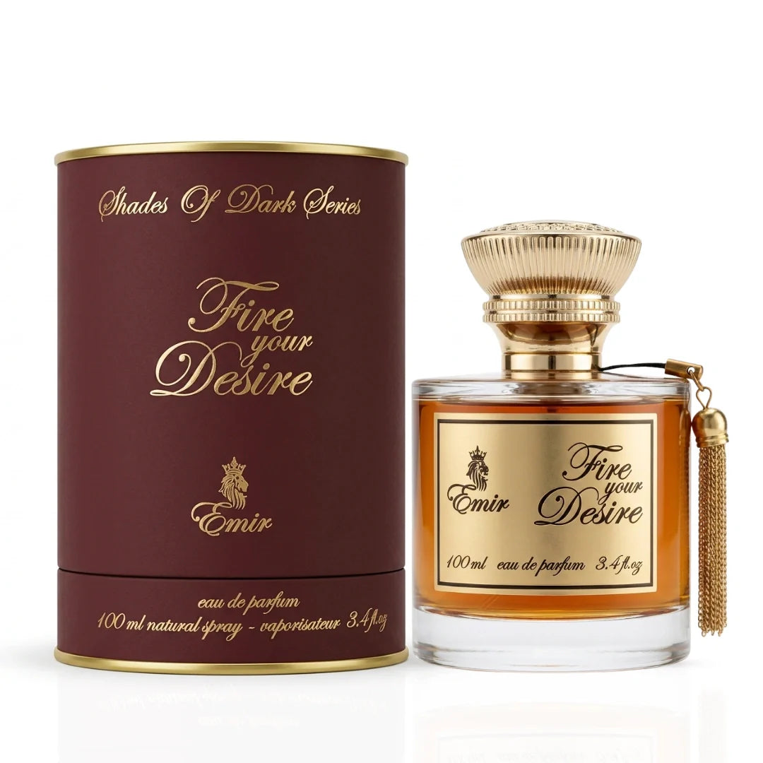 Paris Corner Fire Your Desire Emir Eau de Parfum spray 100ml, elegant bottle with black accents and floral design.