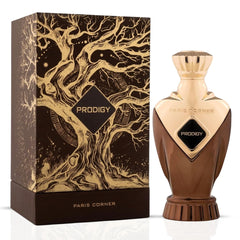 Prodigy Eau de Parfum Spray by Paris Corner, 100ml bottle, elegant glass design, showcasing the fragrance's sleek packaging.