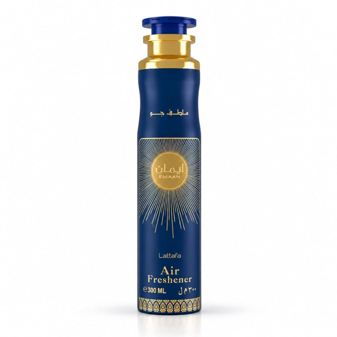 Lattafa Emaan Air Freshener 300ml bottle with a sleek design, showcasing the fragrance container on a clean background.