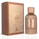 Qissa Delicious Eau de Parfum Spray by Paris Corner, 100ml, featuring elegant perfume bottle and packaging.