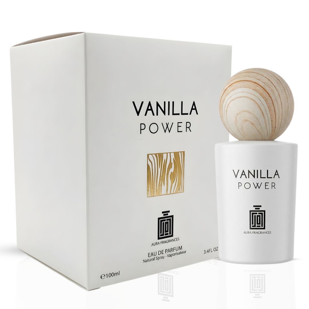 Aura Fragrances Vanilla Power Eau De Parfum spray bottle, 100ml, with a sleek design and a vanilla scent.
