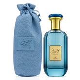 Mousaf Azure Eau de Parfum spray by Ard Al Zaafaran, 100ml bottle, elegant design, showcasing the perfume bottle with blue accents.
