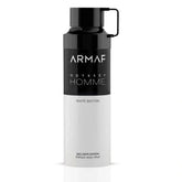 Odyssey Homme White Edition deodorant spray by Armaf, 200ml, with a sleek white bottle and modern design.