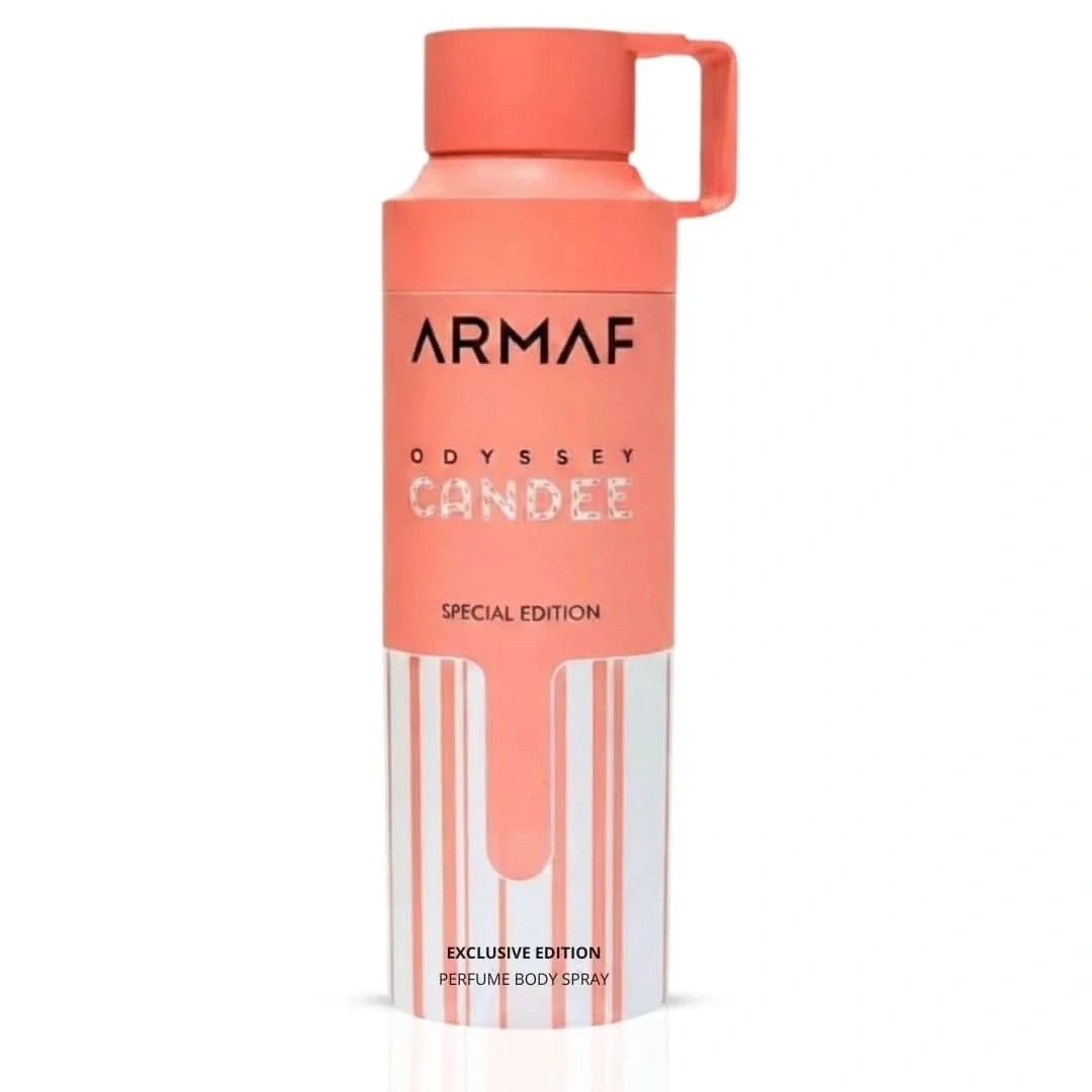 Odyssey Candee deodorant spray by Armaf in 200ml bottle, with a sleek design and spray nozzle visible in the image.