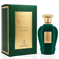 Voux Alma Verde Eau de Parfum spray by Paris Corner, 100ml, with a sleek green and clear glass bottle on a white background.