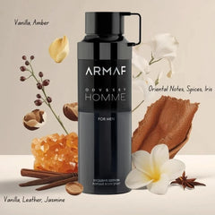 Odyssey Homme deodorant spray by Armaf, 200ml bottle, with sleek packaging and spray nozzle visible.