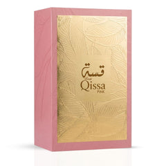 Qissa Pink Eau de Parfum spray bottle by Paris Corner with pink floral design, 100ml, elegant fragrance packaging