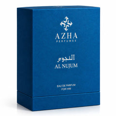 Al Nujum Eau de Parfum spray by AZHA, 100ml bottle, elegant perfume bottle with gold accents on a neutral background