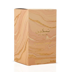 Paris Corner Taskeen Caramel Cascade Eau de Parfum spray 100ml with elegant bottle and caramel-colored liquid.