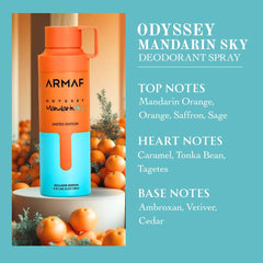 Odyssey Mandarin Sky Limited Edition deodorant spray by Armaf, 200ml, with a sleek bottle design featuring orange and blue accents.