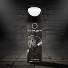 Armaf Warrior deodorant spray 200ml bottle with sleek black and silver design, showcasing the product surface and branding.