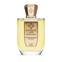 Unique'e Luxury Chocolate Makes Me Happy EDP Extrait de Parfum spray 100ml bottle with elegant packaging.