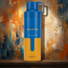 Odyssey Mandarin Sky Elixir deodorant spray by Armaf, 200ml bottle, with a sleek design and fresh citrus scent visible in the image.