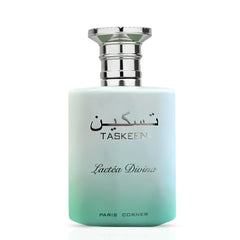 Taskeen Lactéa Divina Eau de Parfum spray by Paris Corner, 100ml, elegant glass bottle with floral and woody fragrance elements.