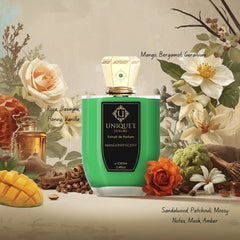 Unique'e Luxury Mangonifiscent Extrait de Parfum 100ml EDP bottle with elegant packaging and luxurious design.