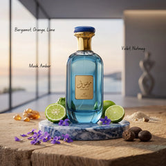 Mousaf Azure Eau de Parfum spray by Ard Al Zaafaran, 100ml bottle with elegant design, showcasing the perfume's sleek packaging.