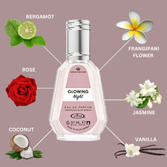 Glowing Night Eau De Parfum Spray 50ML (1.7 OZ) By Al Rehab | A Tropical Bloom Wrapped In Creamy Vanilla & Coconut, Perfect For Those Who Desire A Sweet & Exotic Floral Escape.