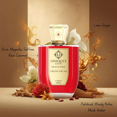 Unique'e Luxury Crush On Me Extrait de Parfum 100ml bottle, elegant glass container with black cap, showcasing luxury EDP fragrance.