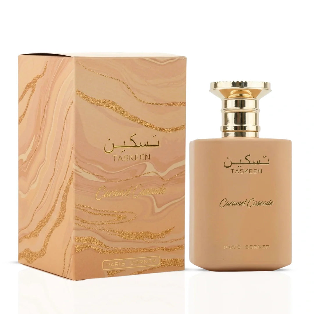 Taskeen Caramel Cascade Eau de Parfum spray by Paris Corner, 100ml bottle, featuring caramel and floral fragrance elements.