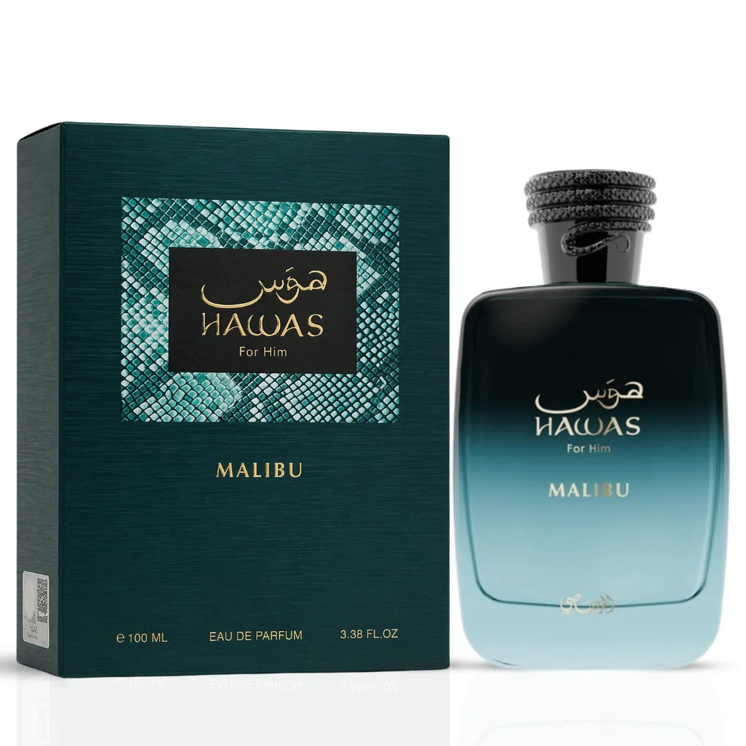 Hawas Malibu Eau de Parfum Spray by Rasasi, 100ml bottle with elegant packaging and fragrance details visible.