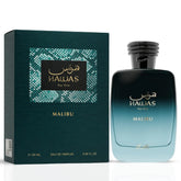 Hawas Malibu Eau de Parfum Spray by Rasasi, 100ml bottle with elegant packaging and fragrance details visible.