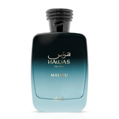 Rasasi Hawas Malibu Eau de Parfum spray 100ml bottle, featuring a sleek design and blue accents.