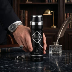 Flux Noir body spray by Elite Risala in 200ml bottle, featuring sleek black packaging and a modern design.
