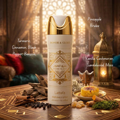 Lattafa Bade’e Al Oud Honor & Glory deodorant 300ml spray bottle with elegant packaging and gold accents.