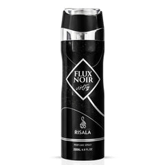 Flux Noir Body Spray by Elite Risala, 200ml deodorant bottle with sleek black design, suitable for everyday freshness