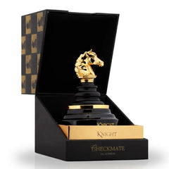 Checkmate Black Knight Eau De Parfum Spray by Armaf, 100ml bottle, elegant black packaging with a sleek design.