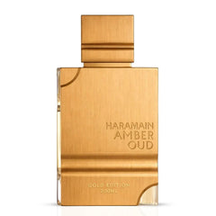 Amber Oud Gold Edition Eau de Parfum spray by Al Haramain, featuring a luxurious glass bottle with gold accents.
