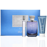 Rasasi Hawas Ice 3-piece perfume gift set with bottles of aromatic fragrances in elegant packaging.