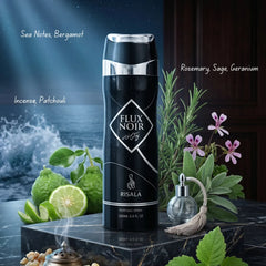 Flux Noir Body Spray by Elite Risala in 200ml bottle, deodorant with sleek black packaging and modern design.