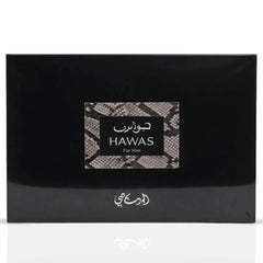 Rasasi Hawas for Men 3-piece perfume gift set with bottles of different sizes, stylish packaging, and fragrance labels.