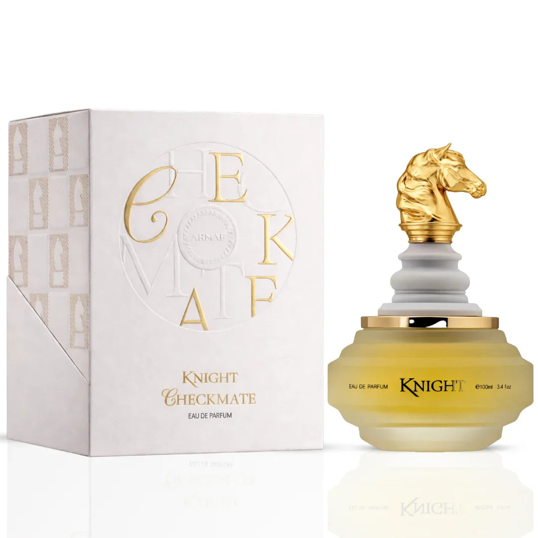 Checkmate White Knight Eau De Parfum spray by Armaf, 100ml bottle, featuring a sleek design and white accents.