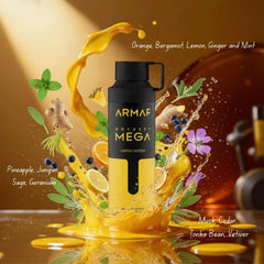 Odyssey Mega Man deodorant spray by Armaf, 200ml bottle, with a sleek design and white cap on a neutral background.