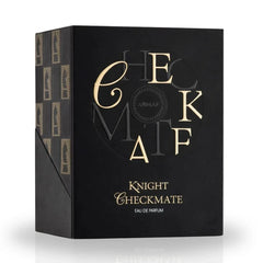 Checkmate Black Knight Eau De Parfum spray by Armaf, 100ml, featuring a sleek black bottle and elegant design.