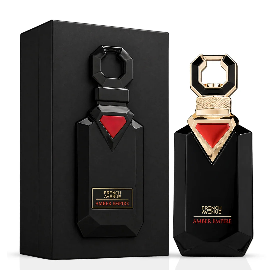 French Avenue Amber Empire Eau de Parfum spray 100ml bottle, elegant fragrance with warm amber notes and sophisticated design
