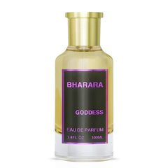 Bharara Goddess Eau de Parfum spray 100ml bottle, elegant design, showcasing the BHARARA brand and floral fragrance theme.