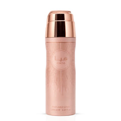 Lattafa Haya Body Spray 200ml deodorant bottle with a sleek design, showcasing the Lattafa branding on the label.