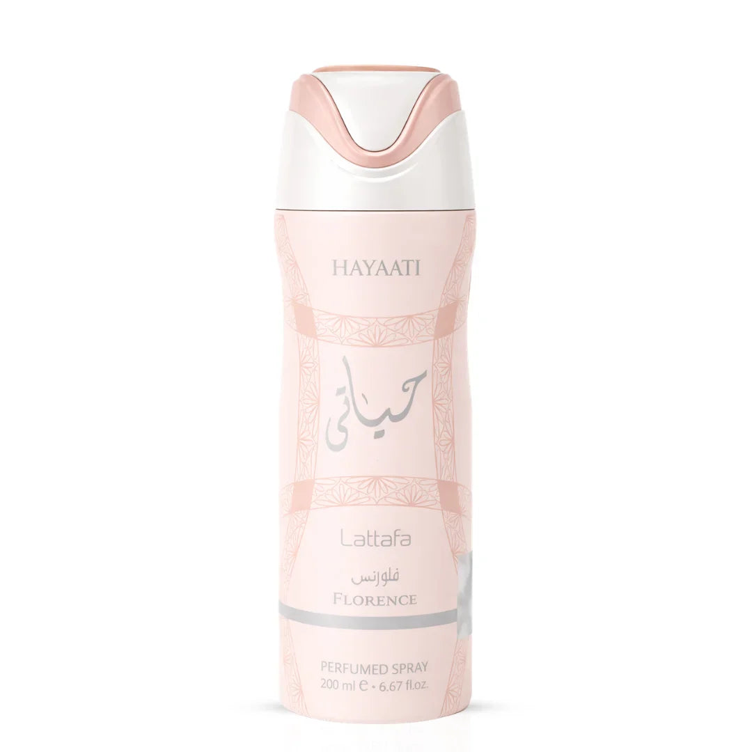 Hayaati Florence deodorant by Lattafa in 200ml spray bottle, featuring a sleek design and floral fragrance.