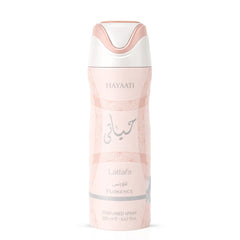 Hayaati Florence deodorant by Lattafa in 200ml spray bottle, featuring a sleek design and floral fragrance.