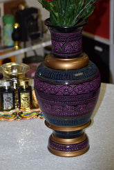 Lacquer Art Decorative Vase, Handmade Artisan Work. Modern Colorful Engraved Pakistani Decor. 16 Inch Long (Purple) - Intense oud