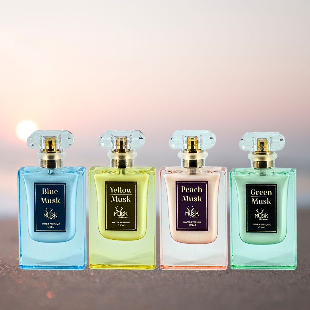 Blue Musk, Yellow Musk, Peach Musk, Green Musk - Water Perfume Spray 30ML (1.01 OZ) by Hamidi | Indulge in the Soothing & Refreshing Aroma. (MUSK COLLECTION)