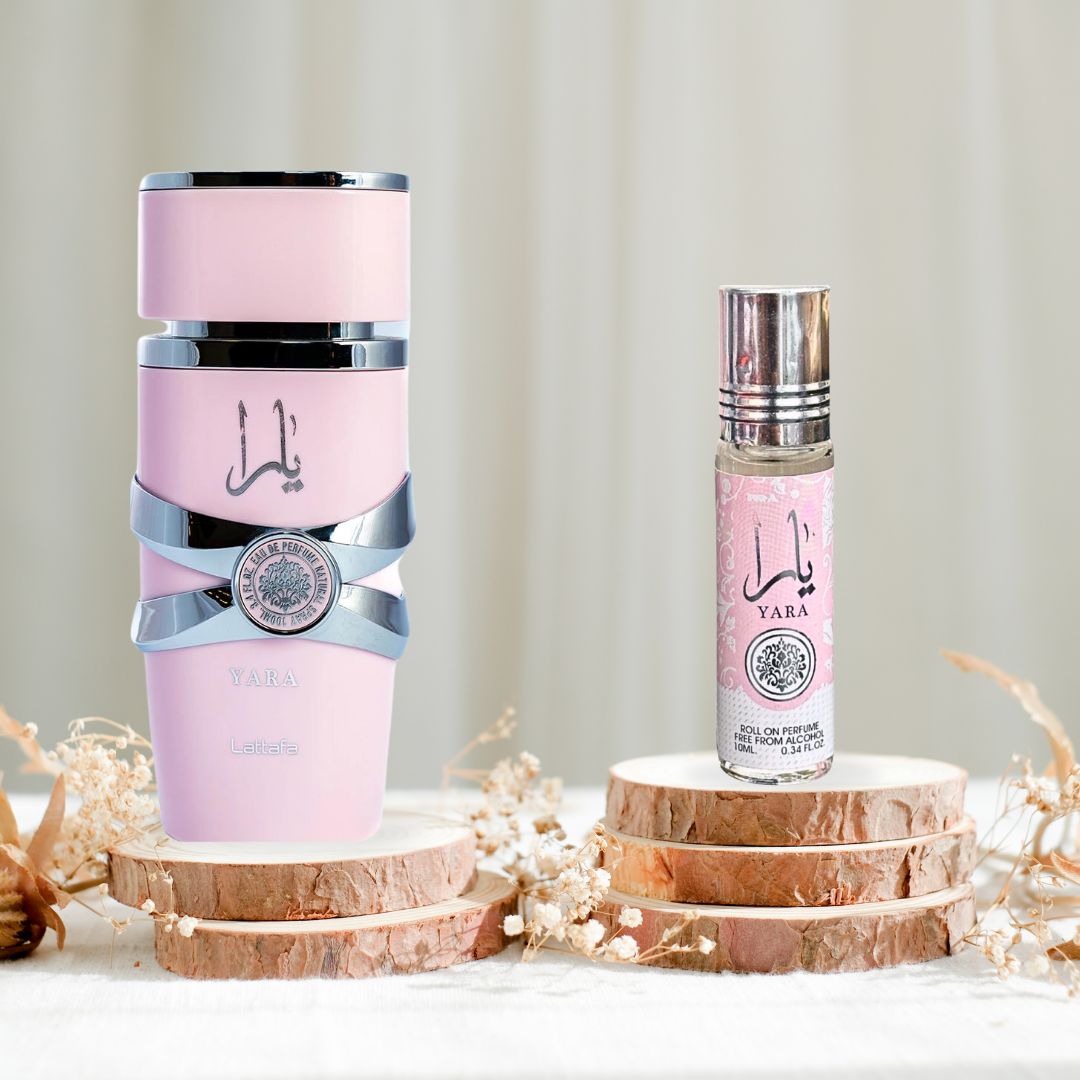 Yara For Women EDP Spray 100ML (3.4 OZ) by Lattafa & YARA Roll-On Perfume Oil CPO 10ML (0.34 OZ) By Ard Al Zaafaran. (ELEGANT BUNDLE)