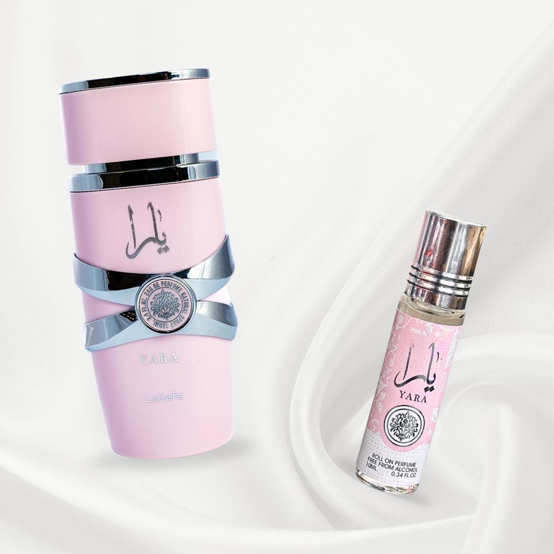 Yara For Women EDP Spray 100ML (3.4 OZ) by Lattafa & YARA Roll-On Perfume Oil CPO 10ML (0.34 OZ) By Ard Al Zaafaran. (ELEGANT BUNDLE)