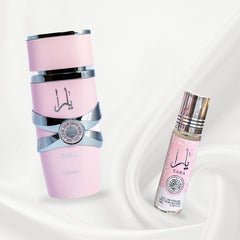 Yara For Women EDP Spray 100ML (3.4 OZ) by Lattafa & YARA Roll-On Perfume Oil CPO 10ML (0.34 OZ) By Ard Al Zaafaran. (ELEGANT BUNDLE)